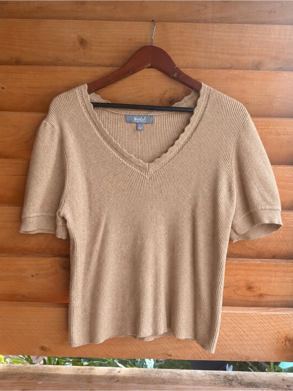 Marked Mudd quiet luxury Tan Ribbed V-Neck Short Sleeve Top XL NWT